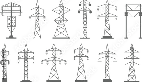 Electricity transmission tower icons set, power line pylons collection, energy infrastructure illustration, electric grid symbols, utility network design