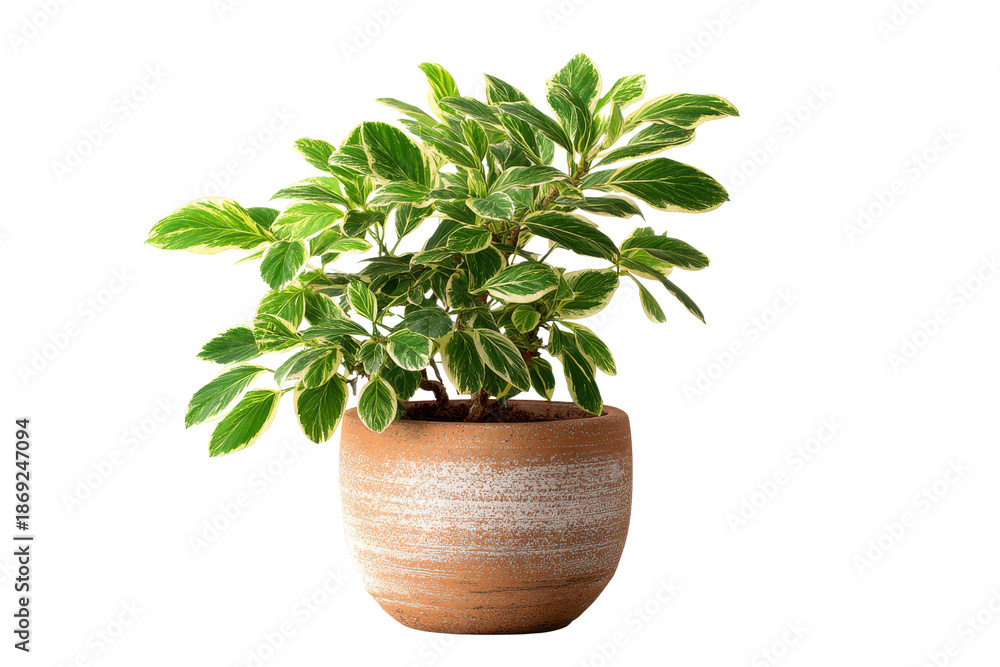 Fototapeta premium Potted Variegated Green and White Leafy Houseplant in Terracotta Planter foliage leaves