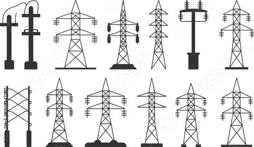 Electricity transmission tower icons set, power line pylons collection, energy infrastructure illustration, electric grid symbols, utility network design