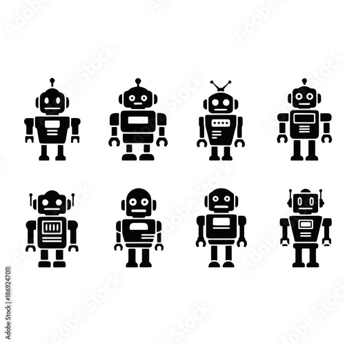 Robot flat icon set. Vector illustration of cute vintage robots. Mechanical character silhouette collection. AI and technology symbol background.