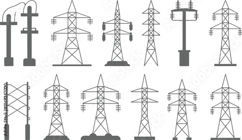 Electricity transmission tower icons set, power line pylons collection, energy infrastructure illustration, electric grid symbols, utility network design