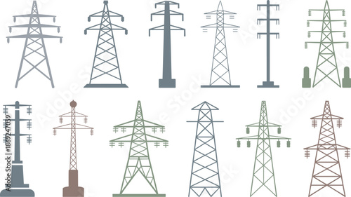 Electricity transmission tower icons set, power line pylons collection, energy infrastructure illustration, electric grid symbols, utility network design