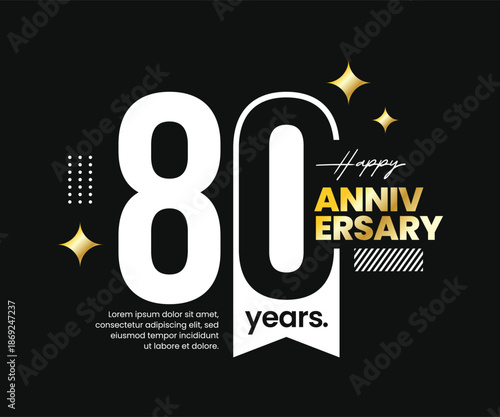 80th years anniversary logotype with negative space. Modern, clean, minimalist, flat style. For logo, icon, invitation, birthday, greeting card, and celebration event. Vector illustration