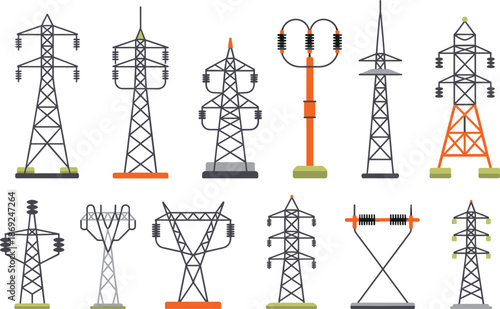 Electricity transmission tower icons set, power line pylons collection, energy infrastructure illustration, electric grid symbols, utility network design