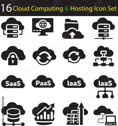 Cloud Computing and Hosting Solid Black Icon Set