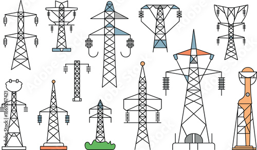 Electricity transmission tower icons set, power line pylons collection, energy infrastructure illustration, electric grid symbols, utility network design