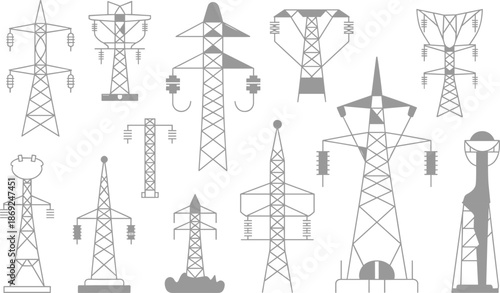 Electricity transmission tower icons set, power line pylons collection, energy infrastructure illustration, electric grid symbols, utility network design
