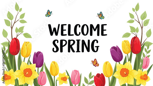 Flat vector spring wallpaper with centered “WELCOME SPRING” text, blooming tulips, leafy branches, butterflies, and clean solid colors, ideal for seasonal backgrounds and posters