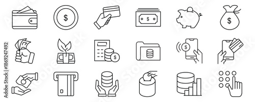 Business and finance line icon set. Money, banking, investment, and payment symbols. Vector icons for web, infographic. Dollar, chart, bank, transfer, mobile payment.