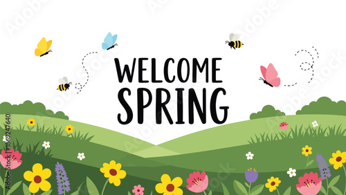 Flat vector spring meadow wallpaper with centered “WELCOME SPRING” text, rolling hills, wildflowers, butterflies, and cheerful solid colors for modern seasonal backgrounds