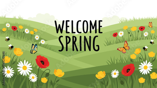Flat vector spring meadow wallpaper with centered “WELCOME SPRING” text, rolling hills, wildflowers, butterflies, and cheerful solid colors for modern seasonal backgrounds