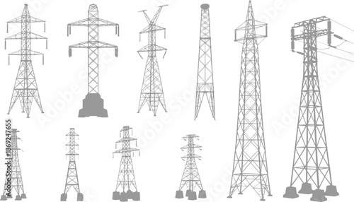 Electricity transmission tower icons set, power line pylons collection, energy infrastructure illustration, electric grid symbols, utility network design