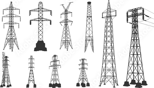 Electricity transmission tower icons set, power line pylons collection, energy infrastructure illustration, electric grid symbols, utility network design