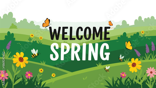 Flat vector spring meadow wallpaper with centered “WELCOME SPRING” text, rolling hills, wildflowers, butterflies, and cheerful solid colors for modern seasonal backgrounds