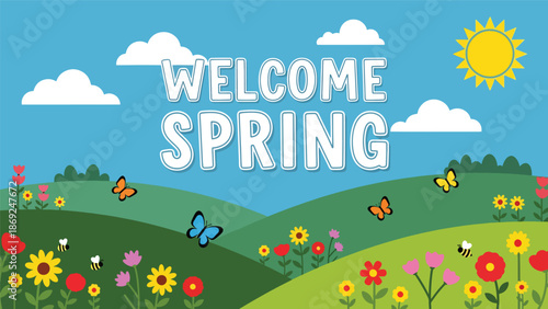Flat vector spring meadow wallpaper with centered “WELCOME SPRING” text, rolling hills, wildflowers, butterflies, and cheerful solid colors for modern seasonal backgrounds