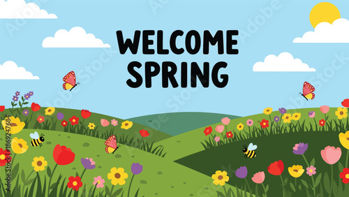 Flat vector spring meadow wallpaper with centered “WELCOME SPRING” text, rolling hills, wildflowers, butterflies, and cheerful solid colors for modern seasonal backgrounds