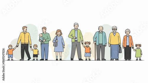 Diverse group of people of different ages and generations standing together.