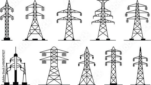 Electricity transmission tower icons set, power line pylons collection, energy infrastructure illustration, electric grid symbols, utility network design