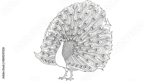 Elegant line art illustration of a peacock displaying its vibrant plumage feathers