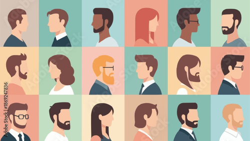 Diverse Group of People Profile Silhouettes Facing Left.