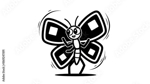 Black and white illustration of a cute cartoon butterfly with happy expression and distinctive