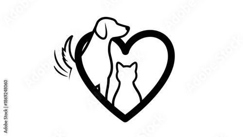 Heartwarming pets adoption concept with a dog and cat silhouette inside a heart