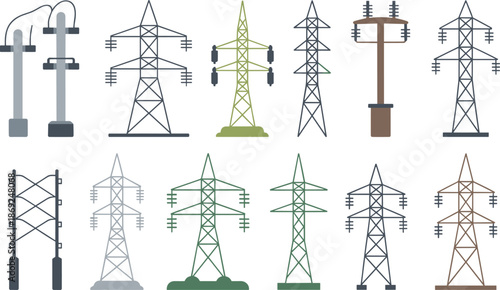 Electricity transmission tower icons set, power line pylons collection, energy infrastructure illustration, electric grid symbols, utility network design
