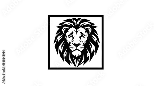 Striking Black and White Lion Head Logo Design with Bold Geometric Frame Minimalist Style
