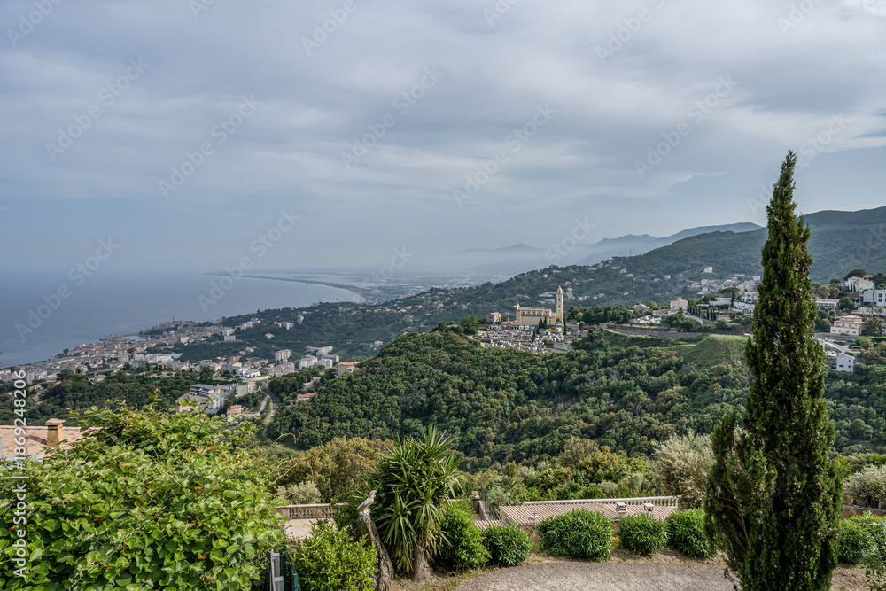 Fototapeta premium Aerial view Mountain Viewpoint of Bastia in the north of Corsica island - Genoese city overlooking the Mediterranean Sea