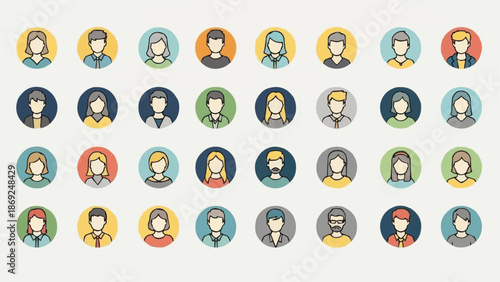 Diverse Group of People Avatars in Colorful Circles.