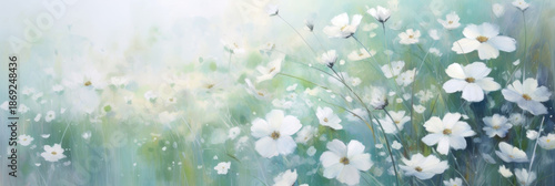 pastel watercolor floral background image with white flowers, in the style of light emerald and white. banner