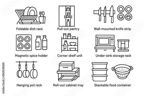 Vector magnetic compact corner unit strip tray foldable icons colander shelf icon