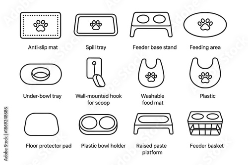 Feeding hook accessories spill scoop platform mat pet floor vector icon washable