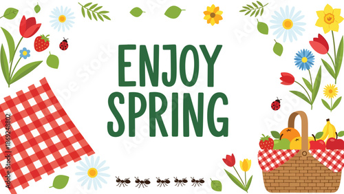 Flat vector spring picnic wallpaper featuring centered “ENJOY SPRING” text, floral elements, fruits, and decorative borders in clean solid colors for seasonal use
