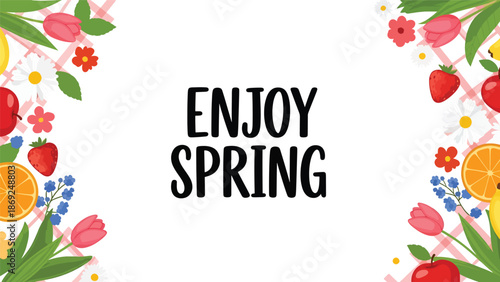Flat vector spring picnic wallpaper featuring centered “ENJOY SPRING” text, floral elements, fruits, and decorative borders in clean solid colors for seasonal use