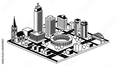 A black and white isometric illustration of a modern cityscape with skyscrapers and buildings