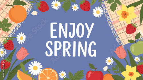 Flat vector spring picnic wallpaper featuring centered “ENJOY SPRING” text, floral elements, fruits, and decorative borders in clean solid colors for seasonal use