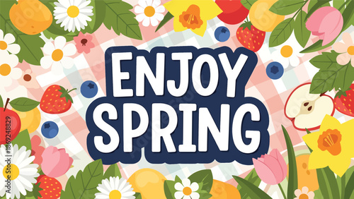 Flat vector spring picnic wallpaper featuring centered “ENJOY SPRING” text, floral elements, fruits, and decorative borders in clean solid colors for seasonal use