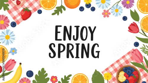 Flat vector spring picnic wallpaper featuring centered “ENJOY SPRING” text, floral elements, fruits, and decorative borders in clean solid colors for seasonal use