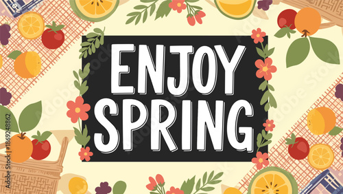 Flat vector spring picnic wallpaper featuring centered “ENJOY SPRING” text, floral elements, fruits, and decorative borders in clean solid colors for seasonal use