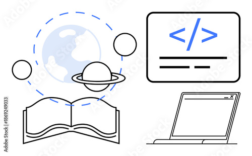 Education, digital technology, coding, e-learning, astronomy, software learning. Open book with planets and Earth, laptop code display. Education and digital technology concept