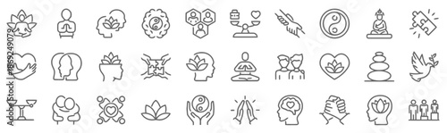 Set of Spiritual Harmony and Balance Icons in Line Style Yoga Meditation Mindfulness Peace and Wellbeing Vector Illustration
