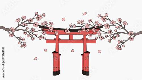 Japanese Torii Gate with Cherry Blossom Sakura Branches Traditional Background