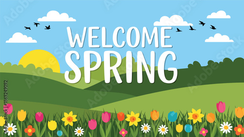 Spring sunrise landscape wallpaper in flat vector style, centered “WELCOME SPRING” text, hills, birds, flowers, and solid colors for uplifting seasonal backgrounds