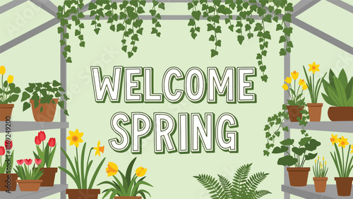 Greenhouse-themed spring vector wallpaper with centered “WELCOME SPRING” text, potted plants and hanging leaves in clean flat solid color illustration