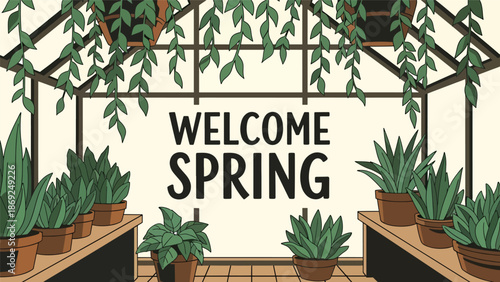 Greenhouse-themed spring vector wallpaper with centered “WELCOME SPRING” text, potted plants and hanging leaves in clean flat solid color illustration