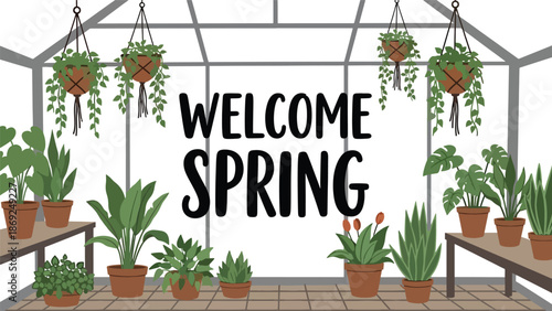 Greenhouse-themed spring vector wallpaper with centered “WELCOME SPRING” text, potted plants and hanging leaves in clean flat solid color illustration