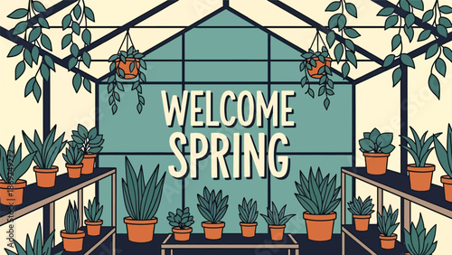 Greenhouse-themed spring vector wallpaper with centered “WELCOME SPRING” text, potted plants and hanging leaves in clean flat solid color illustration