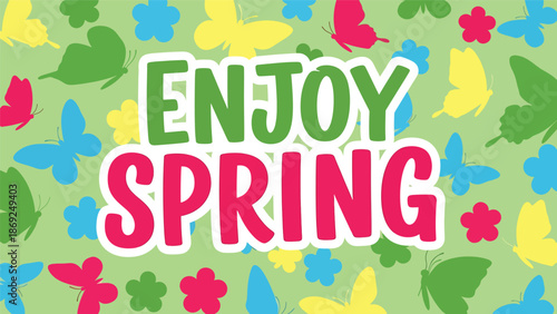 Patterned spring wallpaper featuring centered “ENJOY SPRING” text, repeating butterflies and floral elements in clean flat vector solid colors