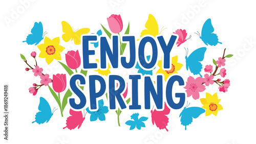 Patterned spring wallpaper featuring centered “ENJOY SPRING” text, repeating butterflies and floral elements in clean flat vector solid colors